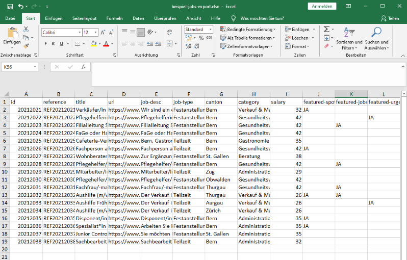 MS Excel Feeds Export - Tabelle
